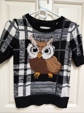 ALICE + OLIVIA sz XS embroidered OWL black white check sweater 97% wool Hoo Hoo